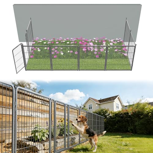 FXW Garden Fence Outdoor for the Yard – 32in(H) x 18.2ft(L) Heavy Duty Metal Animal Barrier for Dog, No Dig Decorative Dog Fence, 8 Panels, Silver - color: Silver, size: 32"H