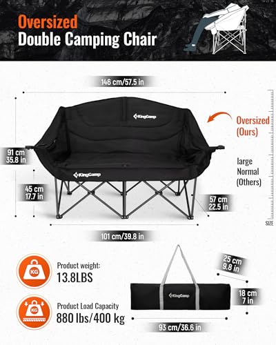 KingCamp Double Camping Chair, Oversized 880lbs Heavy Duty Loveseat for Adults Portable Folding XL 2 Person Couch Padded Comfortable Two Seat with Cup Holder for Outdoor Lawn Backyard, Black - color: XL 2 Person Black, size: Loveseat XL