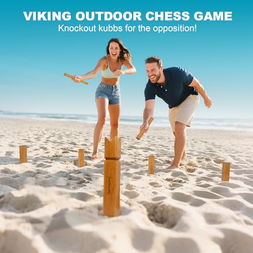 SunNordik Kubb Yard Game Set, Giant Viking Chess Outdoor Tossing Game with Carry Bag, Rubber Wood Backyard Lawn Game for Kids & Beginner - color: Yellow Brown