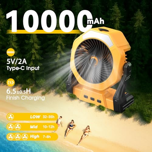 Ausic Portable Misting fan, 8-Inch Cooling Mist Fans, [8-35Hrs] USB Rechargeable Battery Powered Fan with Mister, 250mL Water Tank & LED Lantern, for Home Desk, Bedroom, Office, Outdoor&Indoor Use - color: Yellow, size: 8-35Hrs Runtime