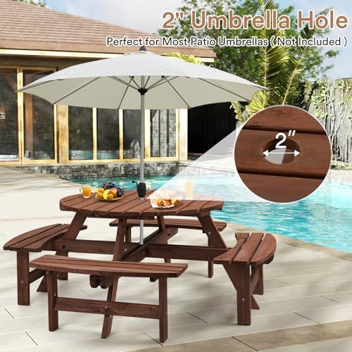 Zevemomo Wood Picnic Table for 8 People, Round Top with Umbrella Hole, 4 Built-in Curved Benches, 2220LBS Capacity for Patios & Backyards, Brown - color: Brown, style: 8-Person