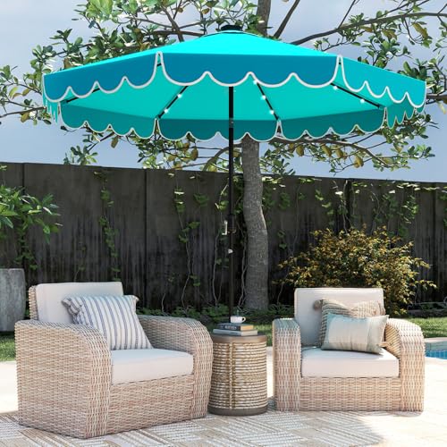 Tangkula 10FT Solar LED Patio Umbrella, 2-Tiers Scalloped Outdoor Table Market Umbrella with 24 LED Lights, Vented Top, Tilt Adjustment, Crank, 8 Ribs for Backyard Poolside Deck Beach Lawn (Turquoise) - color: Turquoise, size: 10Ft