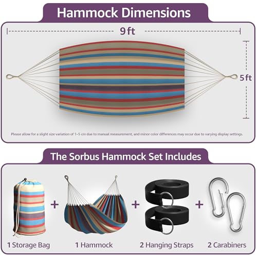 Sorbus® Brazilian Double Hammock - Extra-Long Two Person Portable Hammock Bed for Indoor or Outdoor Spaces - Hanging Rope, Carrying Pouch Included (Blue/Sand/Purple/Red Stripes) - color: Blue/Sand/Purple/Red Stripes