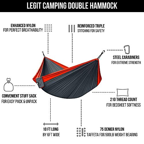 Legit 2 Person Camping Hammock - Double Tree Hammock - Portable & Heavy Duty - Perfect for Outdoor & Travel - color: Red/Grey