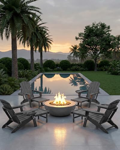 NAVINE Adjustable Adirondack Chair with Retractable Ottoman Set of 4, HDPE Folding Adirondack Chair with Cup Holder, All Weather Fire Pit Chair for Outdoor. - color: Dark Grey, size: 4 pcs