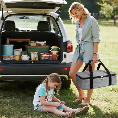 Coobiiya Insulated Casserole Carrier,Lasagna Lugger Tote Keeps Food Hot or Cold,Thermal Lunch Bag Warmer & Cooler Carrier Bag,Portable Tote Bag Fits 9" x 13" Baking Dish for Picnic and Cookouts- Grey - color: Gray, size: Single Layer: 15.75 × 11.8 × 4.7 i