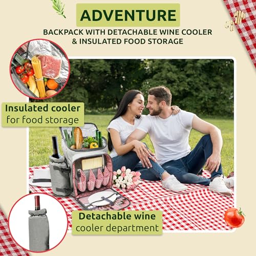 Nature Gear Picnic Backpack for 4, Insulated Picnic Set with Dinnerware, Wine Cooler, Blanket & Cutlery Service, Waterproof Outdoor Bag for Beach, Camping, Travel & Park, Red - color: Red