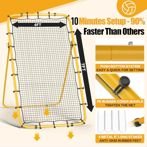 Volleyball Rebounder Net 7x4 Ft, 5-Angle Adjustable Rebounder Net for Practicing Digging, Setting, Spiking, Bounce Back Training Equipment with 2 Target Stripes & Portable Travel Bag for Storage - color: NET101-Yellow