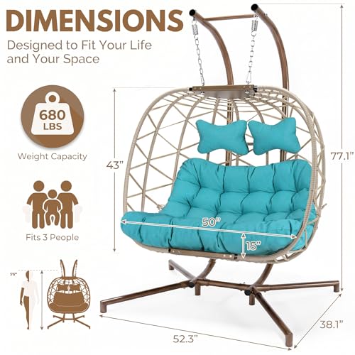 BULEXYARD Double Egg Chair with Stand Indoor Outdoor 2 Person Large Wicker Hanging Swing Chair Oversized Twins Patio Loveseat 2 Seat Beige Rattan Light Green Cushions with Cover - color: Beige/Light Green, size: 2 Seats with Cover
