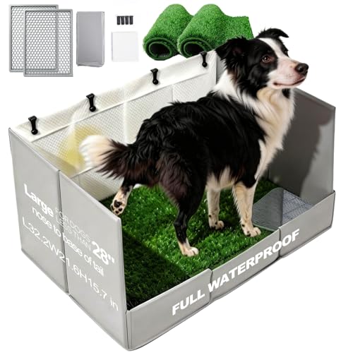 HQ4US 4LEGS Dog Grass Pad with Foldable Dog Litter Box High Walls & Grate, 2PCS Odor Free Artificial Grass for Dogs Potty Pee Pad Holder Tray No Assembly Waterproof Easy Clean Portable for Travel
