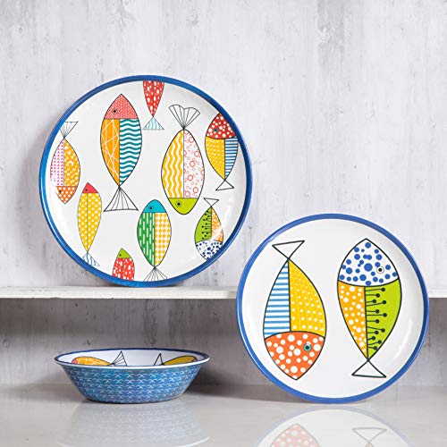 Melamine Dinnerware set for 4, Plates and Bowls Sets, Great for Camper, RV, Indoors Outdoors Use with Ocean Printed, Unbreakable - color: Blue Fish