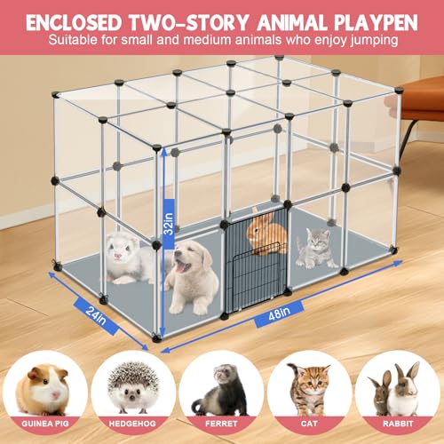 32 Panels Small Animal Playpen, 48" x 32" x 24" Transparent Playpen with Waterproof Mat,Plastic Enclosure,Puppy Play Pen for Chicken,Pet Fence for Guinea Pigs,Bunny,Ferrets,Hamsters,Hedgehogs Indoor - color: 48"L x 32"W x 24"H, style: 32 Plastic Panels