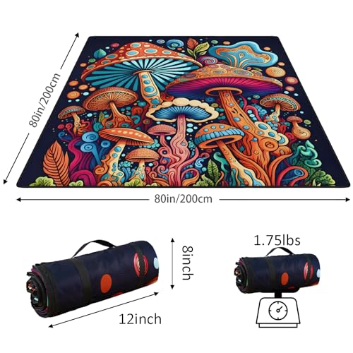 Mushroom Picnic Blankets Waterproof Foldable Picnic Outdoor Blanket 80"x 80" Picnic Mat 3-Layer Thicking Outdoor Foldable Blankets Sandproof Lightweight Beach Blankets with Strap Machine Washable - color: Mushroom02, size: 80*80in
