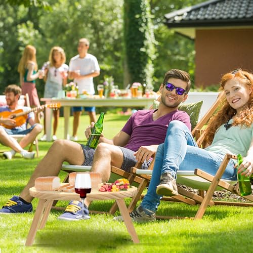 Beaupretty Portable Wooden Picnic Table with Wine Holder for Outdoor Camping and Parties, Foldable Round Wood Snack Table for Patio, Lawn, and Garden Use