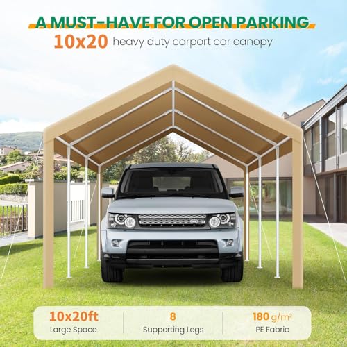 COBIZI Carports 10x20 Heavy Duty Car Tent Garage 2.0, Galvanized Frame Car Canopy Outdoor Shelter Waterproof & UV Protected with Windproof Ropes & Built-in Sandbags for Car Truck Boat, Khaki - color: Khaki, size: 10'x20'