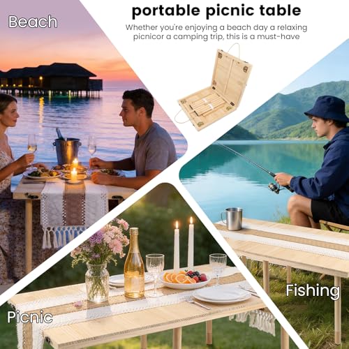 44" x 22" Boho Low Picnic Table, Portable Beach Table with Tablecloth and Adjustable Legs, Solid Wood Foldable, Indoor Outdoor for Beach Camping BBQ Wedding Party Family Gatherings