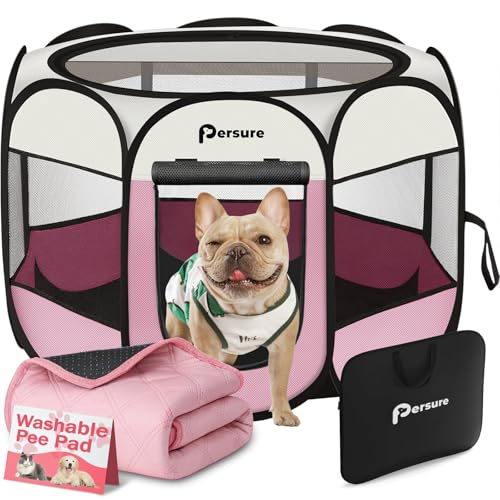 Dog Cat Playpen Indoor Outdoor for Puppy Pet Dogs Cat Recovery After Surgery, Dog Tent Crates Cage Indoor/Outdoor, Portable Pop Up Kennel with Carrying Case for Travel (Pink with Pad, Small) - color: Pink with Pad