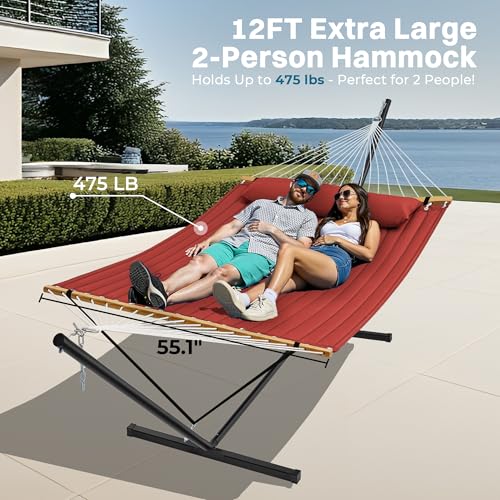 SUPERJARE Hammock with Stand, 2 Person Quilted Outdoor Hammock, Detachable Pillow & Bamboo Spreaders, Portable Hammock with Carrying Bag, Heavy Duty Stand, Perfect for Outside, Patio, Burgundy - color: Burgundy, size: 55.1"W × 74.8''D × 43.3''H