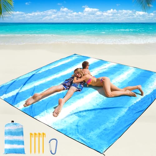 WIWIGO Beach Blanket Waterproof Sandproof Beach Mat 79" X 83"/10'x9'for 2-8 Adults Quick Drying Outdoor Picnic Mat Beach Accessories for Travel, Camping, Hiking - color: Blue and White Stripes, size: 120" X 108"（1-8person）