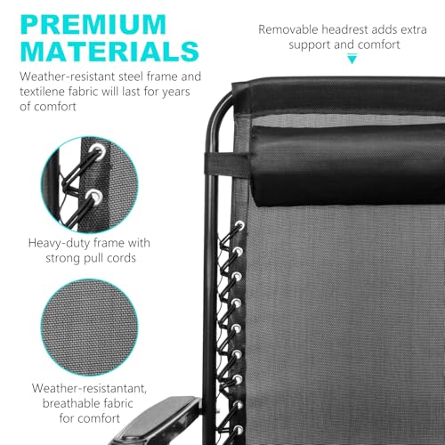 SZHLUX 1 PCS Adjustable Steel Mesh Zero Gravity Lounge Chair Recliners W/Pillows and Cup Holder Trays - Black