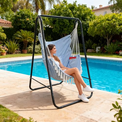 Hammock Chair with Stand,Heavy-Duty Hammock Stand with Large Indoor Swing,MAX Load 500 LBS,Hanging Chair with Stand for Indoor Outdoor,Swing Chair with 2 Cushions Included(Blue) - color: Blue