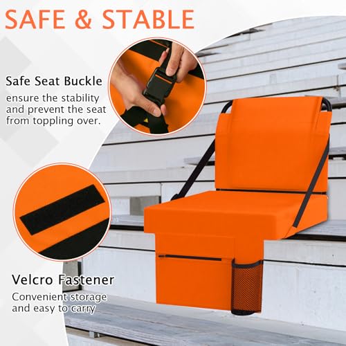 2pcs Stadium Seat for Bleachers with Back Support，Portable Bleacher Chairs with Back and Cushion，Includes Shoulder Strap and Cup Holder - color: Orange,2 Pack