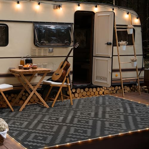 GENIMO Outdoor Rug with LED Strip Lights, 8'x10' Waterproof Camping Mat, Reversible Plastic Straw Rugs for Patio, RV, Camper, Balcony, Backyard, Picnic, Deck, Black & Gray - color: Black&gray | Led, size: 8' x 10' (Rectangular)