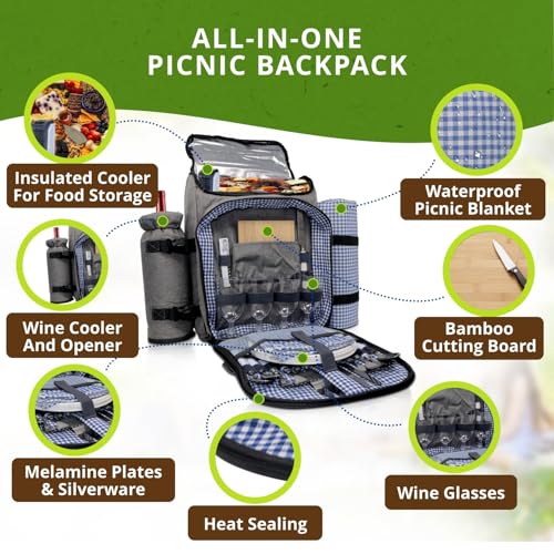 Nature Gear Picnic Backpack for 4, Insulated Picnic Set with Dinnerware, Wine Cooler, Blanket & Cutlery Service, Waterproof Outdoor Bag for Beach, Camping, Travel & Park, Blue - color: Blue