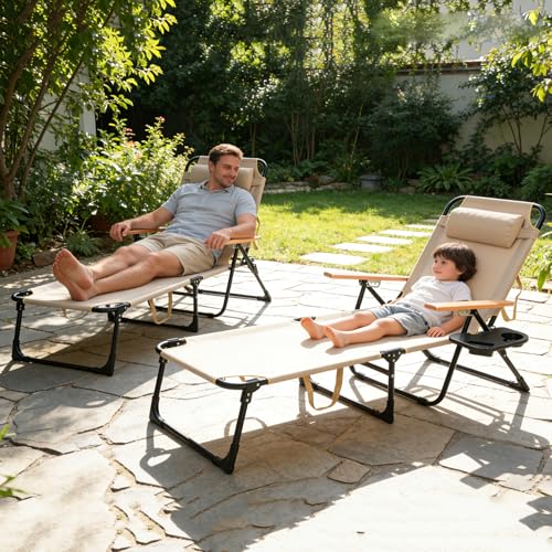 Outdoor Chaise Lounge Chair with 4-Position Adjustable Backrest, Patio Folding Sun Tanning Chair, Pillow & Cup Holder, Portable Recliner Sunbathing Lounger Chairs for Pool Beach Lawn Garden (Beige) - color: Beige