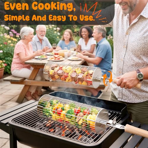TNTOR Rolling Grill Basket, Larger 304 Stainless Steel Nesting Grilling Net, Removable Handle, BBQ Accessories Tools for Veg Shrimp, Outdoor Cooking Camping grilling gifts for men Dad Husband