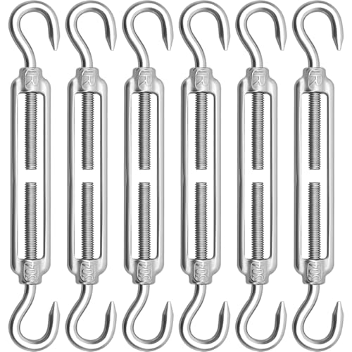 6Pcs M6 Hook & Hook Turnbuckle, 304 Stainless Steel Shade Sail Hardware Kit, Heavy Duty Wire Rope Tensioner, Bright Finish, Antirust, for Sun Shade Sail & Cable Railing - color: Silver, size: M6-6PCS