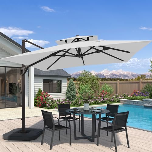 10x10 FT Cantilever Patio Umbrella Double Top Outdoor Square Large Heavy Duty Aluminum Offset Umbrellas with 7 Level Tilt 360-degree Rotation for Pool Garden Deck, Fog Grey - color: Fog Grey, size: 10' X 10' - Umbrella Only