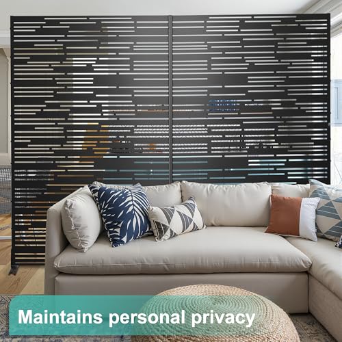 Modern Metal Privacy Screen, Patio Outdoor Privacy Panels with Stand, Freestanding Outdoor Divider for Yard, Deck＆Garden(71.3"*47.3"*15.7") - color: Black,Barcode