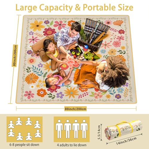 Supfitness Extra Large Picnic Blankets Waterproof Foldable (80 "x 80") Beach Blanket Waterproof Sandproof,3-Layer Thicking Mat Outdoor Packable Camping Blanket(Bohemian) - color: Flora, size: 80x80in
