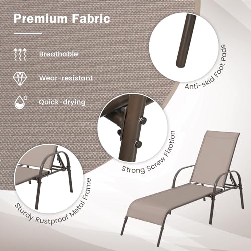 Giantex 2 Pack Patio Lounge Chair, Outdoor Chaise Lounge with 5 Adjustable Backrest, Sturdy Steel Frame, Sunbathing Recliner, Beach Chair, Tanning Chair for Outside, Yard, Balcony, Pool Chairs, Brown - color: Brown