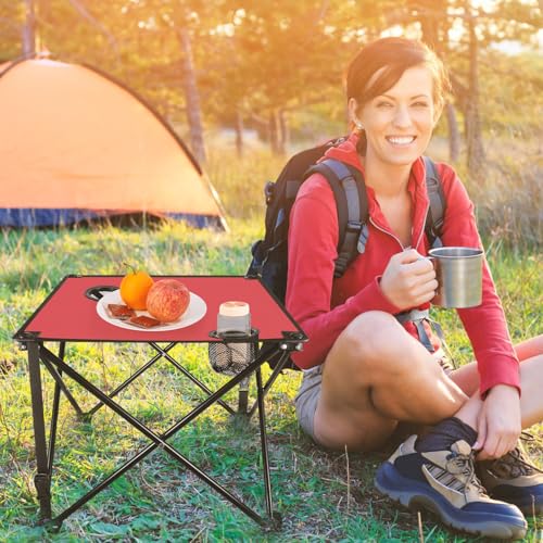 KOCASO 1Pc Foldable Camping Table Portable Picnic Table Lightweight Travel Desk with 2 Cup Holders Carrying Bag - color: Red