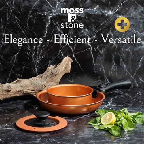 Moss & Stone Copper Pots And Pans Set Nonstick, Removable Handle Cookware, Stackable Pots And Pans Set, Dishwasher safe, Induction Pots And Pans, Camping Cookware Set, Aluminum (7 Pcs) - size: 7 Pcs Copper