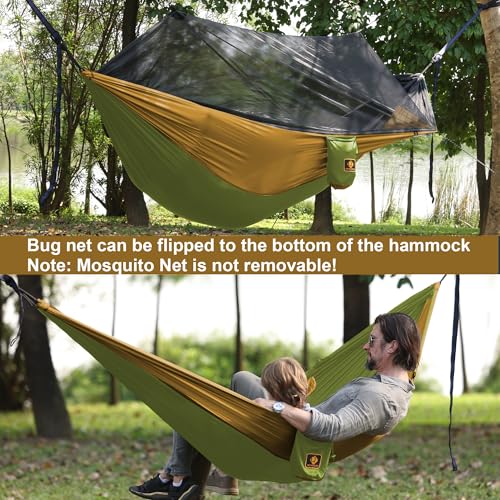 Camping Hammock with Net,Portable Lightweight Double Hammocks with Tree Straps and Solid D-Shape Carabiners,Parachute Nylon Hammock for Backpacking Beach Backyard Patio Hiking Green&Khaki - color: Green & Khaki, size: X-Large