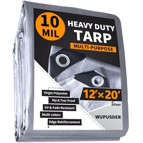 12'x20' Heavy Duty Tarp, 10Mil Silver Waterproof Tarps with Grommets, UV Resistant, Poly Tarpaulin with Reinforced Edges, Cover for Car, Roof, Camping - color: Silver-10mil, size: 12'×20'