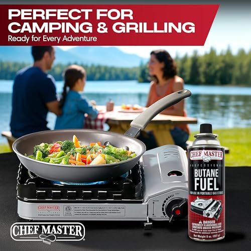 Chef Master 12x 8oz Butane Fuel Canister - Butane Canister for Kitchen Torch & Camp Stove - Gas for Picnics, Outdoor Cooking, Grilling - Camping Fuel Canister, Torch Fuel Camping Essentials - 90340 - size: Pack of 12