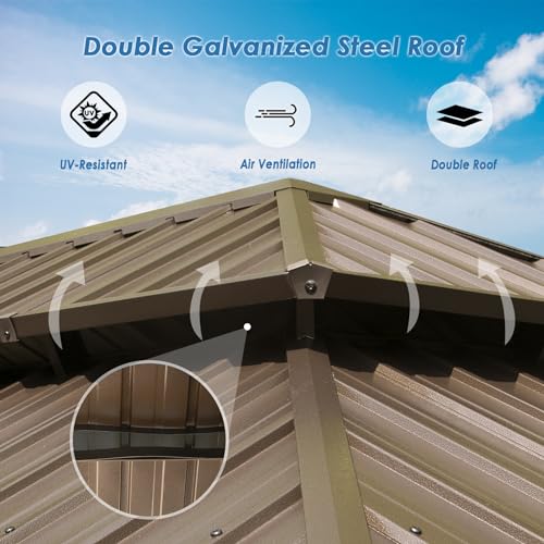 Domi 12' x 20' Hardtop Gazebo Permanent Metal Gazebo with Galvanized Steel Double Roof, Curtains and Netting for Party, Wedding, Outdoor Dining, Patio, Backyard, Brown - color: Brown, size: 12'×20' Double Roof