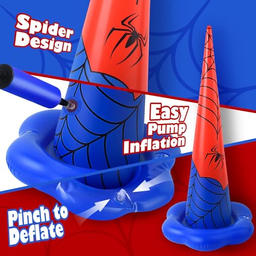 5 Pack Inflatable Spider Web Ring Toss Game - Red and Blue Spider Themed Birthday Party Games with 10 Plastic Rings & Pump, Indoor Outdoor Carnival Toss Toy for Kids Party Favors - color: Red Blue Spider