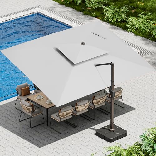 10 X 13 FT Cantilever Patio Umbrella with Led Lights and Base Included Outdoor Heavy Duty Double Top Rectangle Offset Umbrellas with 360-degree Rotation for Pool Deck Backyard, Foggy Grey - color: Foggy Grey, size: 10' X13'-Weighted Base Included