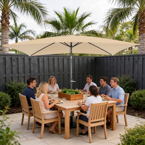 Rectangular Patio Umbrella, 6.5 x 10 ft Rectangle Table Umbrellas w/Heavy Duty Ribs, Effortless Crank and Push Button Tilt, Wind Resistant Sun Umbrella for Outdoor Patio, Beige - color: Beige