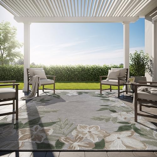 Outdoor Rug 8x10 Washable Area Rugs Indoor Outdoor Carpets Green Border Floral Non Shedding Waterproof Easy Clean Patio Deck Porch Living Room Bedroom Garden RV (8 X 10 Green) - color: 1-green, size: 8' x 10' (Rectangular)
