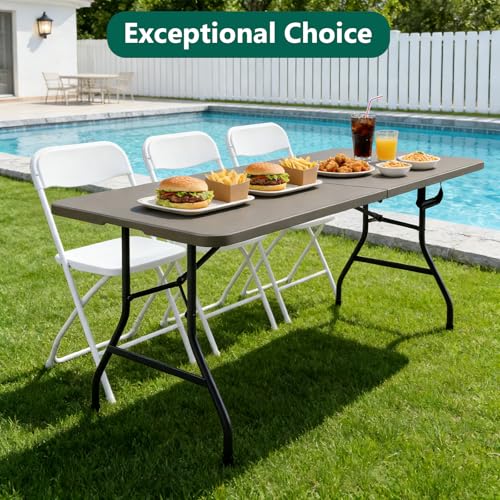 Folding Table 72" x 30" - Heavy Duty Plastic Table with Handle, Foldable&Portable, Fold-in-Half Utility Tables for Outdoor, Dining, Wedding, Events, Indoor, Picnic, Camping, Party, Khaki - color: Khaki, size: 72in x 30in