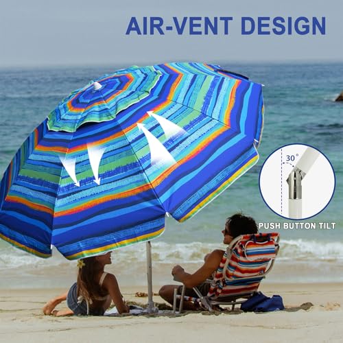 AMMSUN 8 Feet Large Beach Umbrella with Sand Anchor Heavy Duty High Wind Portable Outdoor Umbrellas UV 50+ Protection Air Vent Tilt Patio Garden Pool - color: Green Stripes