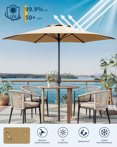 GarveeLife Outdoor Patio Umbrella, Table Market Umbrella with Push Button Tilt and Crank, 8 Sturdy Ribs UV Protection Waterproof for Garden, Deck, Backyard, Pool - color: Light Tan(No Tilt and Crank), size: 7.5FT