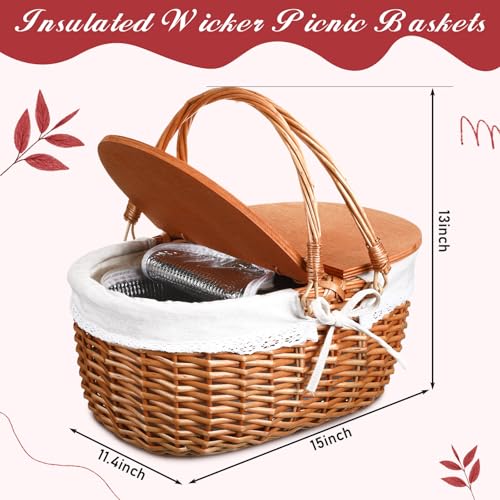 DoubleFill Wicker Insulated Picnic Basket with Lid Wicker Picnic Basket with Folding Handles and Insulated Cooler Bag for Camping Outdoor Easter Valentine Birthday Gift(White) - color: White