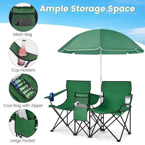 COSTWAY Double Portable Picnic Chairs, Folding Camping Chairs w/Detachable Umbrella, Cooler Bag, Cup Holders, Patio Beach Camping Chairs for Outdoors, Green - color: Green